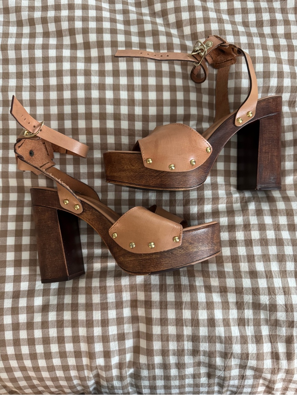 Women's Aldo Tan Leather Platform Sandals with Wood Block Heel